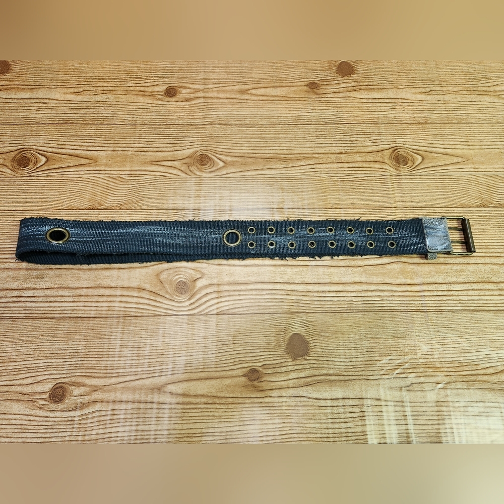 Vintage Blue Cloth Belt With Paint Streaks and Grommets